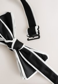 Nœud papillon en tissu rayé noir et blanc avec une sangle ajustable et un fermoir à crochet en plastique noir sur un fond clair.