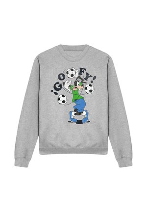 Gray sweatshirt with cartoon character juggling three soccer balls and text "¡Goofy!" above in black letters.