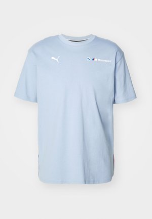 Light blue cotton t-shirt with short sleeves, featuring a white Puma logo and BMW Motorsport branding on the front. Regular fit design.