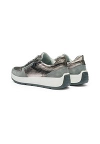 Pair of low-top casual sneakers in metallic gray and suede with white soles, side zippers, and black treaded outsoles.