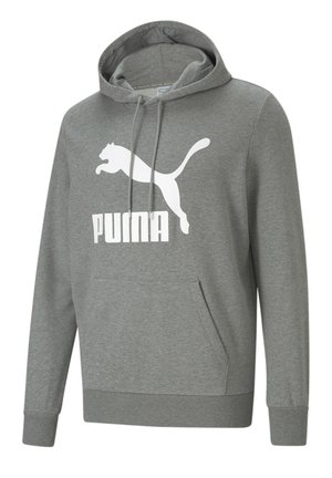 Grå hættetrøje lavet af blødt stof med en kængurulomme, snoretræk i hætten og et stort hvidt Puma-logo på forsiden.