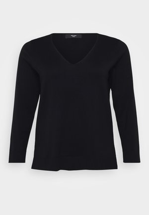Black v-neck pullover sweater made from soft knit material. Long sleeves with a straight hem, featuring no patterns or embellishments.