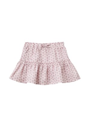 Falda rosa claro acampanada con pequeño estampado floral rosa oscuro, cintura elástica y detalle fruncido cerca del dobladillo.