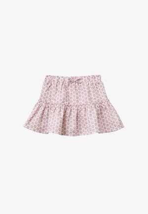 Gonna a campana rosa chiaro con piccolo motivo floreale rosa scuro, vita elasticizzata e dettaglio di balza arricciata vicino all'orlo.