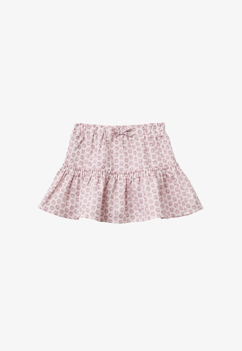 Hellrosa ausgestellter Rock mit kleinem dunkelrosa Blumenmuster, elastischem Bund und geraffter Rüschendetail nahe dem Saum.