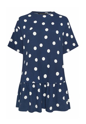 Marineblaues kurzärmeliges Kleid mit weißen Polka-Dots und einem gerüschten Saum.