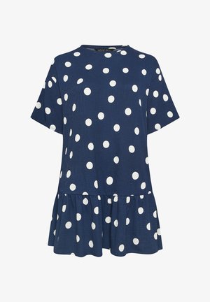 Mørkeblå kjole med korte ærmer, hvide polkaprikker og en flæsekant.