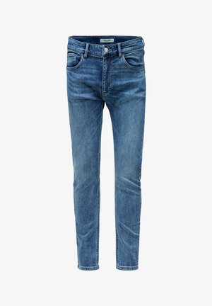 Slim-fit blauwe spijkerbroek met voorzakken, riemlussen, knoopsluiting en lichte vervaging op de dijen en knieën.