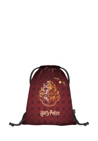 Zaino a cordoncino color bordeaux con un ricamo dorato del crest di Hogwarts e un boccino di Quidditch, dotato di un motivo testurizzato e accenti neri.