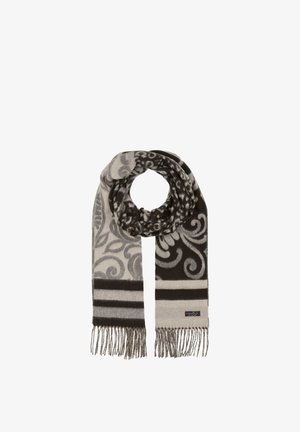 Écharpe noire et grise à motifs en tissu doux, ornée de motifs élaborés et de bords à franges pour une texture supplémentaire.
