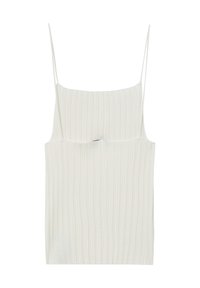 Top bianco a righe con spalline sottili e una vestibilità rilassata. Presenta un design con risvolto sul seno e una texture morbida.