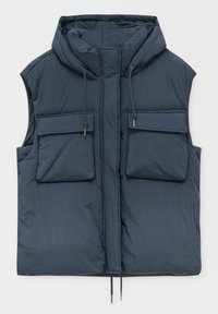 Veste matelassée sans manches bleu marine avec capuche, fermeture éclair devant avec rabat, cordons et deux grandes poches à rabat sur la poitrine.