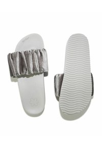 Gray velvet slide sandals with ruched strap, soft sole, and textured white outsole featuring horizontal grooves.