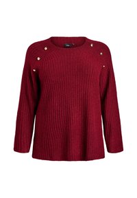 Burgunderfarbener gerippter Strickpullover mit langen Ärmeln und dekorativen goldenen Knöpfen an den Schultern und der oberen Brust.