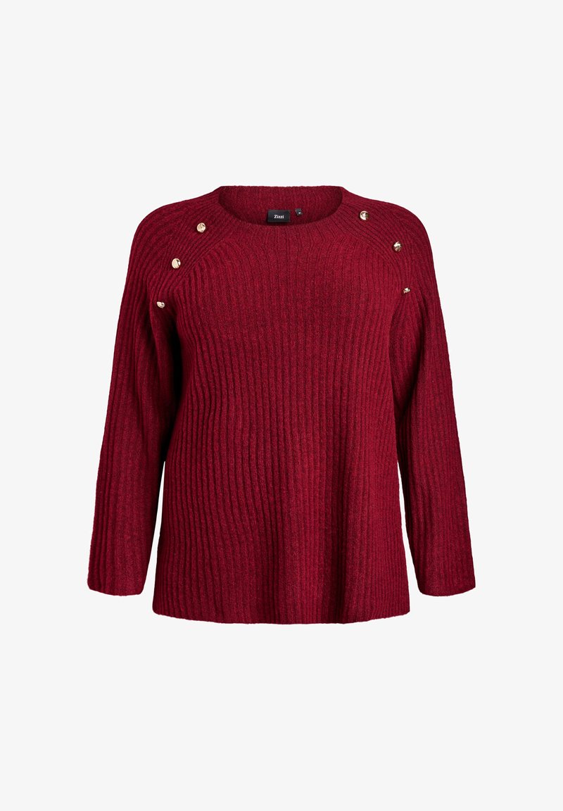 Bordowy sweter o prążkowanej strukturze z długimi rękawami i dekoracyjnymi złotymi guzikami wzdłuż ramion i górnej części klatki piersiowej.