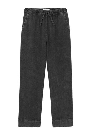 Pantalon de survêtement gris foncé en tissu doux, avec une taille élastique et cordon de serrage, poches latérales et coupe droite.