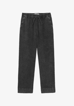 Pantalon de survêtement gris foncé en tissu doux, avec une taille élastique et cordon de serrage, poches latérales et coupe droite.