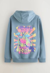 Felpa blu con una grafica colorata raffigurante "Animals 1977" e "Pink Floyd", che mostra nuvole, un maiale e forme astratte.