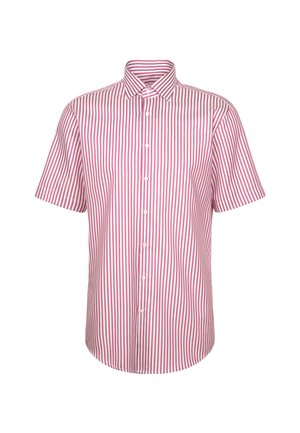 Kortærmet skjorte med krave, lavet af bomuld, med lodrette striber i pink og hvid, samt knaplukning foran.