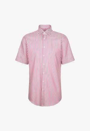 Camicia a maniche corte con colletto, realizzata in cotone, con righe verticali rosa e bianche, con chiusura a bottoni.