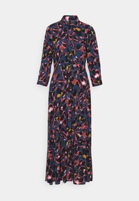 Lange, knoopsluiting jurk met een kraag, met een blauwe achtergrond en een multicolor abstract luipaardprint. Zachte stof met driekwartmouwen.