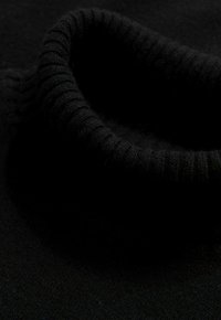 Schwarzer Rollkragenpullover mit geripptem Kragen. Der Stoff wirkt weich und glatt mit einer gleichmäßigen Textur. Keine sichtbaren Muster oder Akzente.