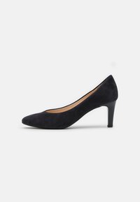 Black suede high heel shoe with a pointed toe and a 5 cm glossy heel. Smooth texture, simple design, and no visible patterns or accents.