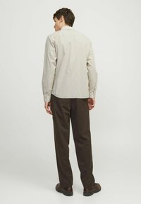Camisa de hombre de botones en beige claro con pequeñas rayas multicolores, de mangas largas y con cuello clásico; combinada con pantalones marrón oscuro.