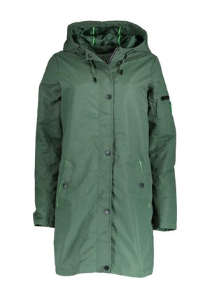 Groene, waterdichte parka met een capuchon, rits en drukknoopsluitingen, twee voorkotele pockets en contrasterende groene accenten aan de binnenkant en de randen van de zakken.
