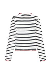 Top de manga larga a rayas en tejido de punto, con rayas en azul marino y blanco, cuello rojo con volantes y dobladillo con forma de concha.