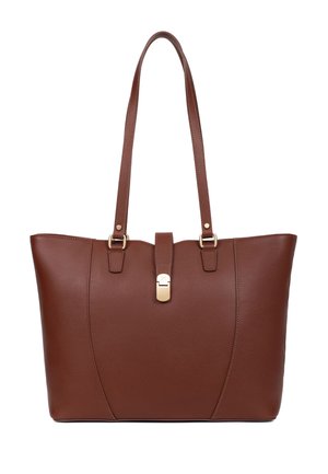 Brązowa skórzana torba typu tote z dwoma długimi paskami na ramię i złotym zapięciem z przodu, na środku.