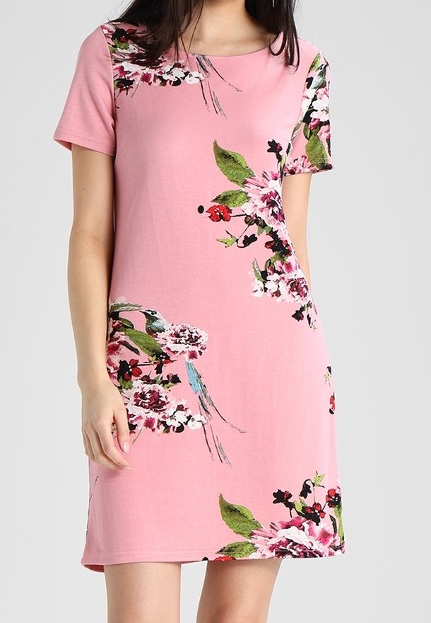 Robe rose à manches courtes avec imprimé floral et oiseau comprenant des feuilles vertes et des fleurs roses, rouges et blanches.