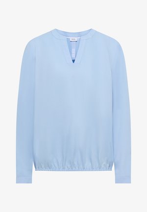 Blusa a maniche lunghe azzurro chiaro realizzata in tessuto morbido, caratterizzata da scollo a V e orlo elastico per una vestibilità comoda.