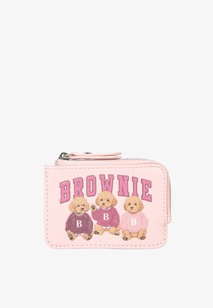 Pink faux leather wallet featuring three teddy bear illustrations in sweaters, with "BROWNIE" text in bold pink letters on the front.