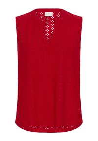 Blusa rossa senza maniche con un design a pizzo traforato, dotata di scollatura a V e orlo leggermente arrotondato. Tessuto morbido e leggero.