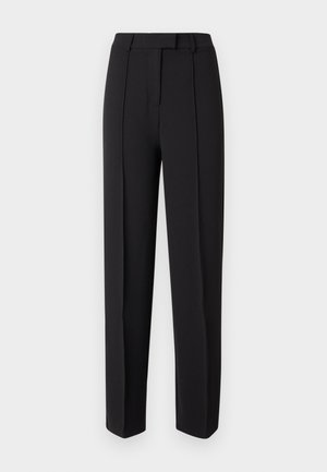 Schwarze, maßgeschneiderte Hose mit glatter Textur, geradem Schnitt, Gürtelschlaufen und zwei vorderen Abnähern für zusätzliche Details.