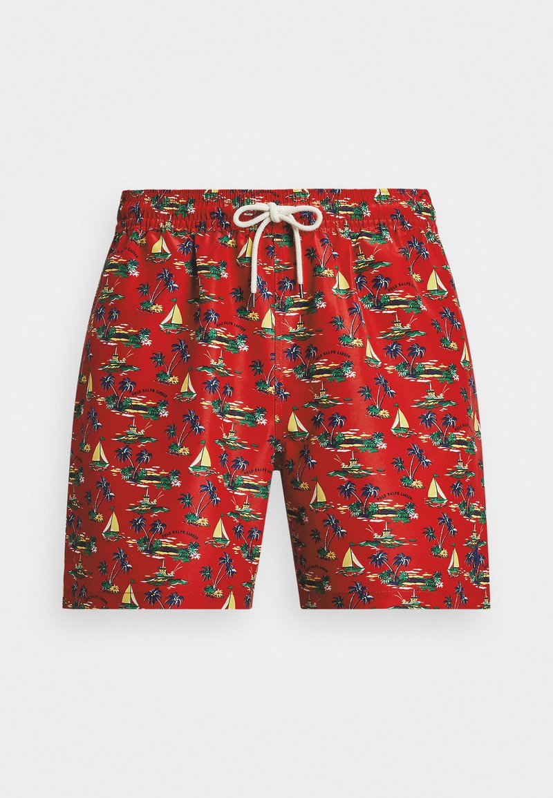 Røde svømmeshorts med tropisk mønster som viser palmer og seilbåter, elastisk liv med snor, og lett materiale.