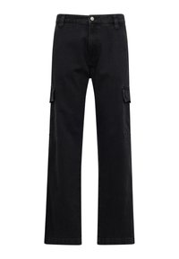 Pantaloni cargo neri con design a gamba dritta, realizzati in tessuto resistente, dotati di tasche laterali e chiusura con bottone in vita.