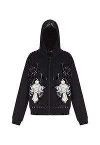 Felpa nera con zip e cappuccio, caratterizzata da motivi floreali e croci bianchi, dettagli con strass e polsini a costine.