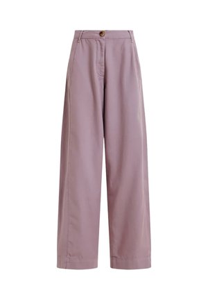 Pantaloni mauve a gamba larga con passanti per cintura, chiusura frontale con bottoni e zip e tasche laterali.