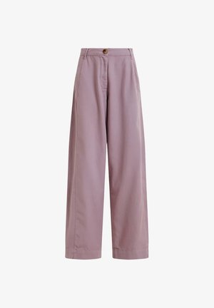 Pantaloni mauve a gamba larga con passanti per cintura, chiusura frontale con bottoni e zip e tasche laterali.