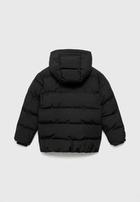Black puffer jacket with a hood, featuring quilted design, elastic cuffs, and a compact silhouette. Material appears smooth and water-resistant.
