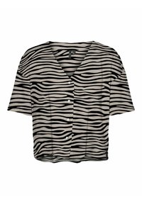 T-shirt à manches courtes, col en V en beige avec imprimé zèbre noir. Présente une fermeture à boutons sur le devant et un design évasé et court. Texture lisse.