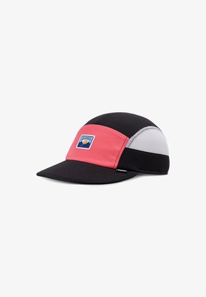 Cap with a black bill, pink front panel, and mesh side panels. Features a small logo patch on the front and a structured design.
