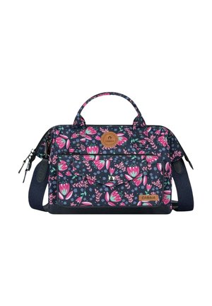 Sac à épaule floral multicolore avec un fond marine, poignées robustes, bandoulière amovible et poche frontale avec fermeture à bouton pression.