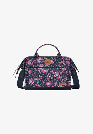 Sac à épaule floral multicolore avec un fond marine, poignées robustes, bandoulière amovible et poche frontale avec fermeture à bouton pression.