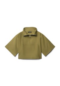 Maglione a maniche corte, verde oliva, con mezza zip, vestibilità rilassata, forma squadrata e una tasca frontale. Texture liscia.