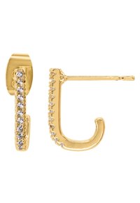 Orecchini a cerchio in oro con una fila scintillante di strass e un design curvilineo unico. Superficie liscia, finitura lucida e attacco a stelo sottile.