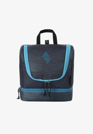 Dunkelblauer Rucksack mit hellblauen Reißverschlüssen und Akzenten, ausgestattet mit einem geometrischen Logo, einem oberen Tragegriff und einem strukturierten Stoff.