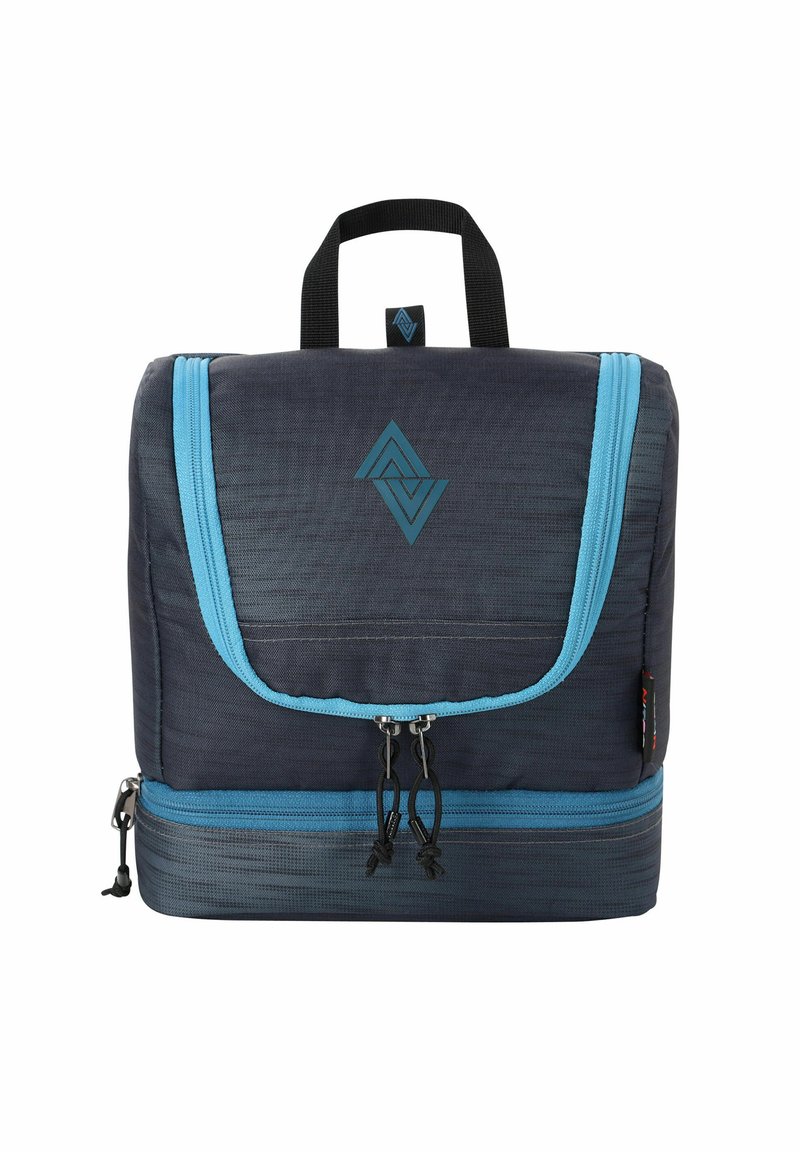 Sac à dos bleu foncé avec des zips et des accents bleu clair, arborant un logo géométrique, une poignée supérieure et un tissu texturé.